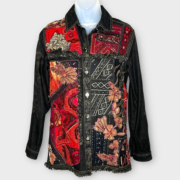CHICO’S vintage heavy beaded embroidered embellished jean jacket US size 4 - Picture 2 of 8